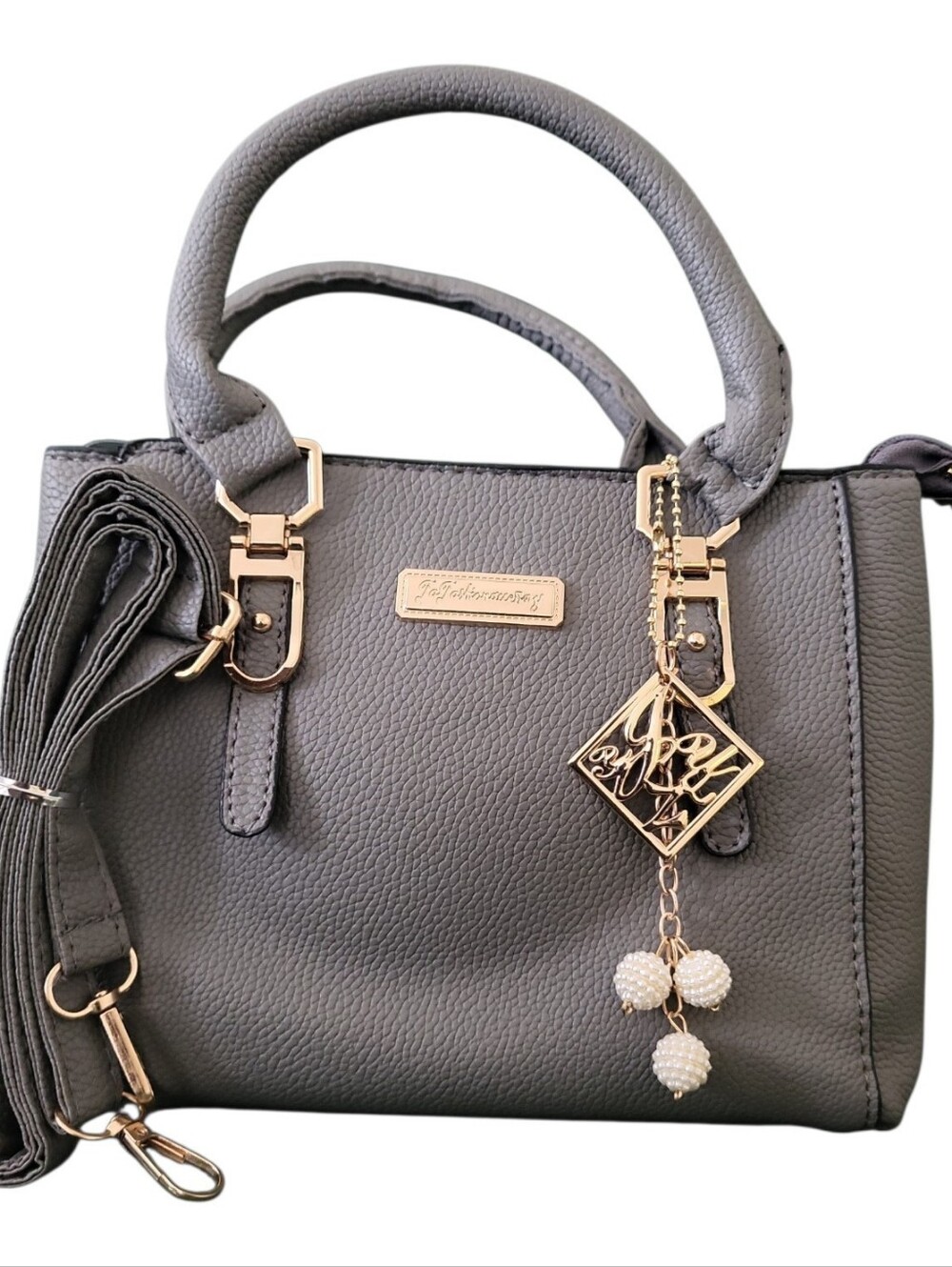 Taupe Structured Satchel Handbag with Gold Hardware